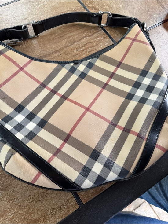 Burberry Handbags - Burberry Beige Plaid Shoulder Bag with Black Trim and Red Accents